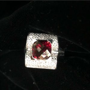 Cushion cut Rubellite in white gold ring sz 6